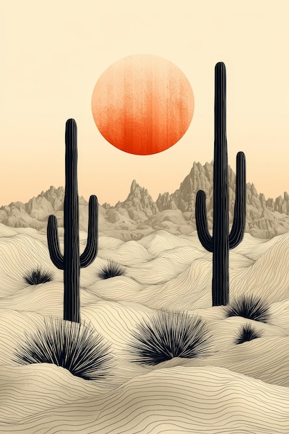 Minimalist Desert Landscape with Cactus and Large Orange Sun