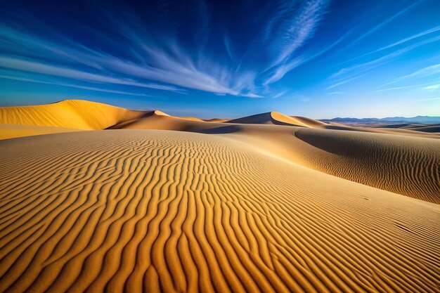 Photo a minimalist desert landscape with rolling sand dunes under a clear deep blue sky