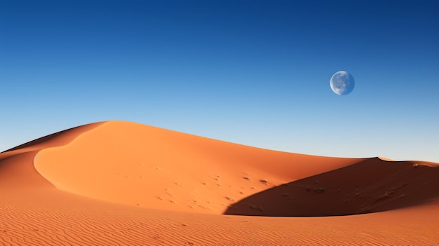 Minimalist desert landscape with sand dunes and blue sky featuring a surreal image of Earth in the sky Concepts global warming climate change travel nature