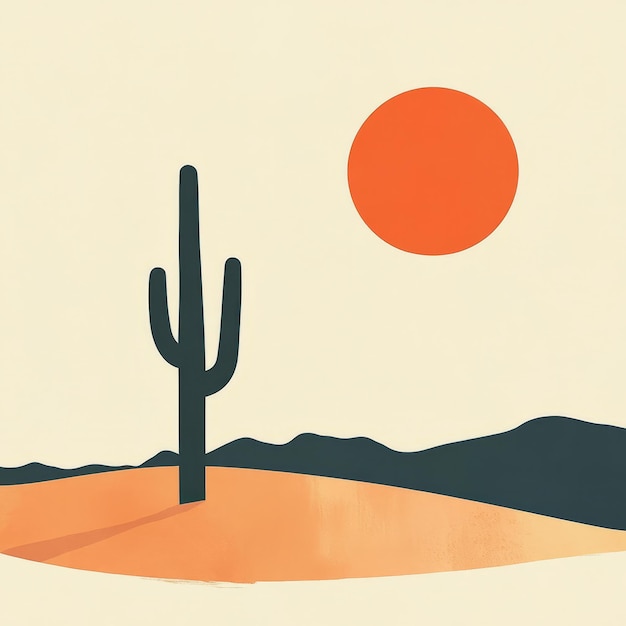 Photo minimalist desert landscape with a single cactus and a large orange sun