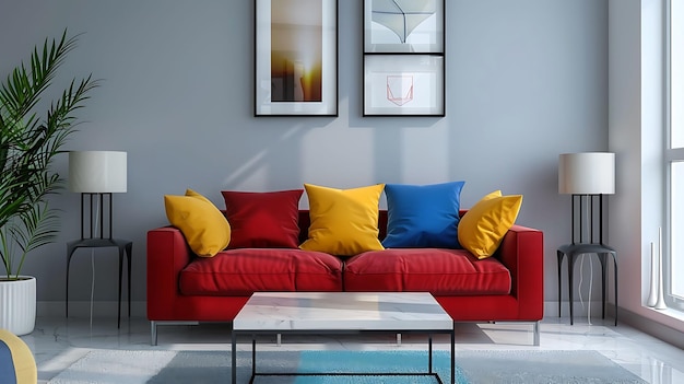 Minimalist design apartment wall with 2 or 3 photo frames modern living room colorful furniture perpendicular composition