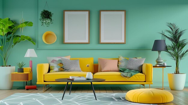 Minimalist design apartment wall with 2 or 3 photo frames modern living room colorful furniture perpendicular composition