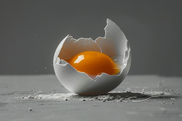 Photo minimalist design of a cracked egg shell with yolk on a gray background