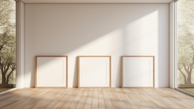 Minimalist Design Empty Room With Three Empty Frames And Trees