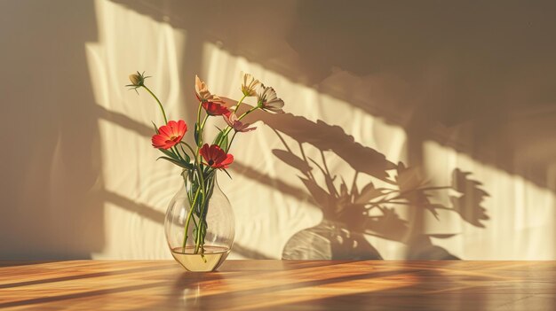 Minimalist design featuring a glass vase filled with flowers on a table