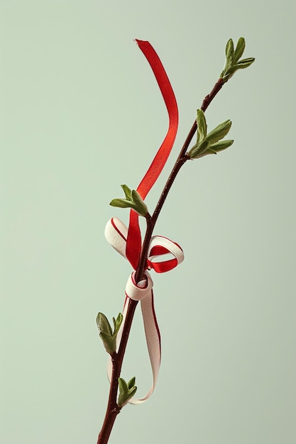 Minimalist design of a red and white Martisor ribbon gently wrapped around a young