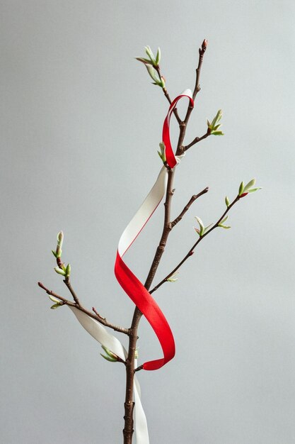 Minimalist design of a red and white Martisor ribbon gently wrapped around a young