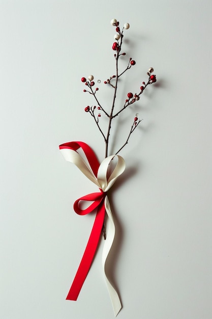 Minimalist design of a red and white Martisor ribbon gently wrapped around a young