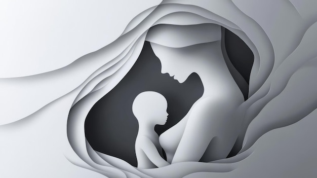 A minimalist design showcasing human figures and a fetus through delicate paper cutout artistry