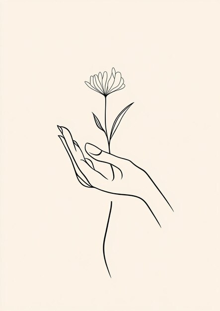 A minimalist design showing a woman s hand gently holding or reaching for a flower