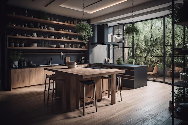 Minimalist desing kitchen interior with garden outside