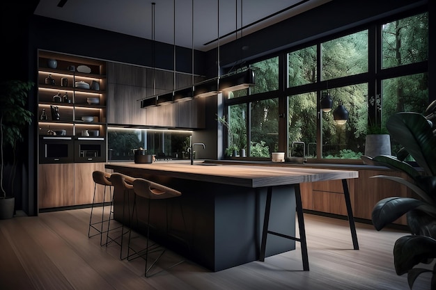 Minimalist desing kitchen interior with garden outside