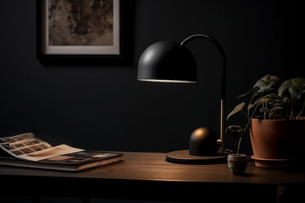 A minimalist desk lamp with a black shade digital art illustration