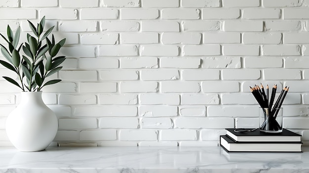 Photo minimalist desk setup with artistic handshaped pencil holder and stacked books against a clean white wall