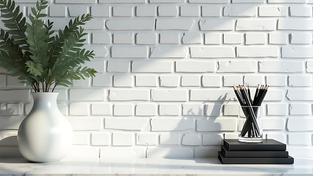 Photo minimalist desk setup with artistic handshaped pencil holder and stacked books against a clean white wall