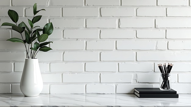 Photo minimalist desk setup with artistic handshaped pencil holder and stacked books against a clean white wall