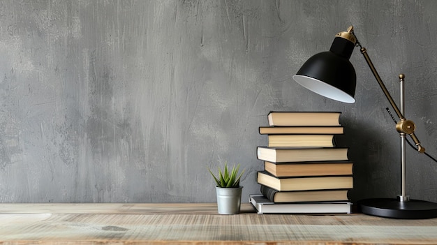 Photo a minimalist desk setup with a stack of books on business strategy and leadership