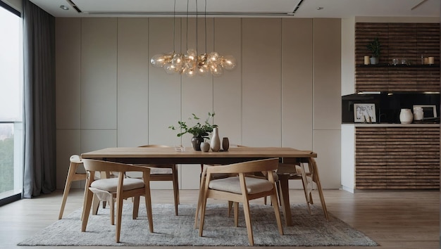 minimalist dining room featuring a wooden table matching chairs a unique chandelier and simple decor