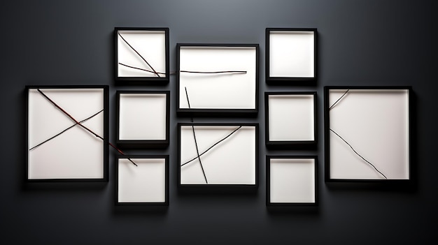 Minimalist display of black rectangular frames aligned in a grid pattern on a white wall emphasizing simplicity and modern geometric design for contemporary interior spaces