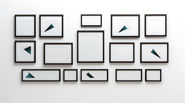 Minimalist display of black rectangular frames aligned in a grid pattern on a white wall emphasizing simplicity and modern geometric design for contemporary interior spaces