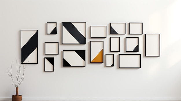 Minimalist display of black rectangular frames aligned in a grid pattern on a white wall emphasizing simplicity and modern geometric design for contemporary interior spaces