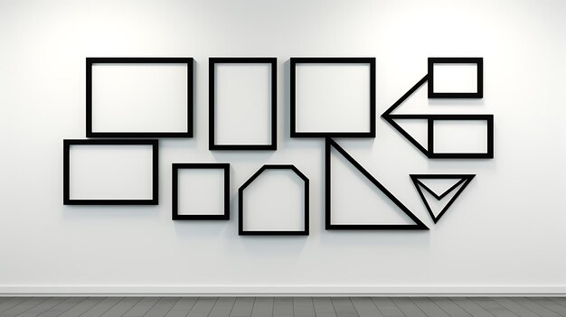 Minimalist display of black rectangular frames aligned in a grid pattern on a white wall emphasizing simplicity and modern geometric design for contemporary interior spaces