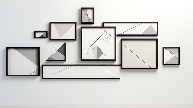 Minimalist display of black rectangular frames aligned in a grid pattern on a white wall emphasizing simplicity and modern geometric design for contemporary interior spaces