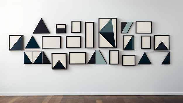 Minimalist display of black rectangular frames aligned in a grid pattern on a white wall emphasizing simplicity and modern geometric design for contemporary interior spaces