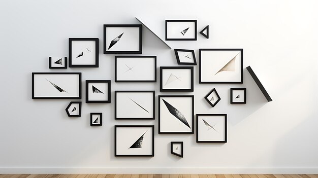 Photo minimalist display of black rectangular frames aligned in a grid pattern on a white wall emphasizing simplicity and modern geometric design for contemporary interior spaces