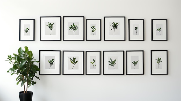 Photo minimalist display of black rectangular frames aligned in a grid pattern on a white wall emphasizing simplicity and modern geometric design for contemporary interior spaces