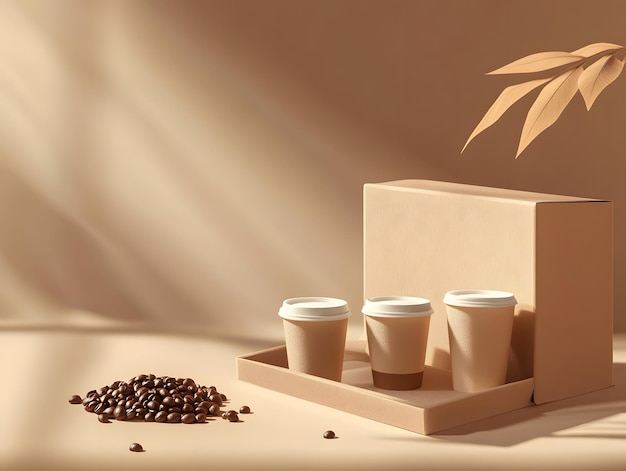 Photo minimalist display featuring coffee cups and beans in warm neutral tones perfect for branding and cafe themes