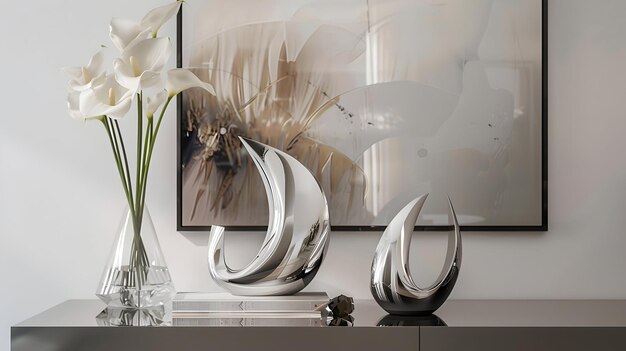 Photo minimalist display with chrome sculptures abstract art and exotic blooms