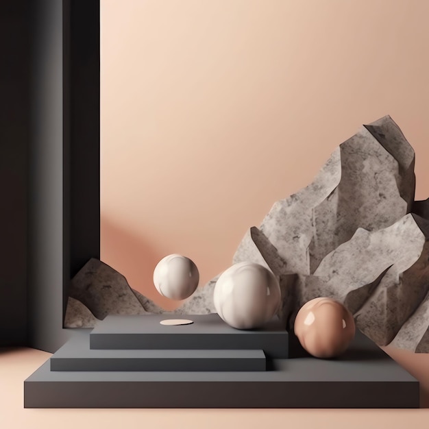 A minimalist display with a marble sculpture and two balls.