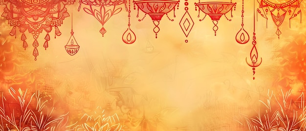 Minimalist Diwali Doodle Border with Hanging Lanterns and Lotus Silhouettes in Muted Tones