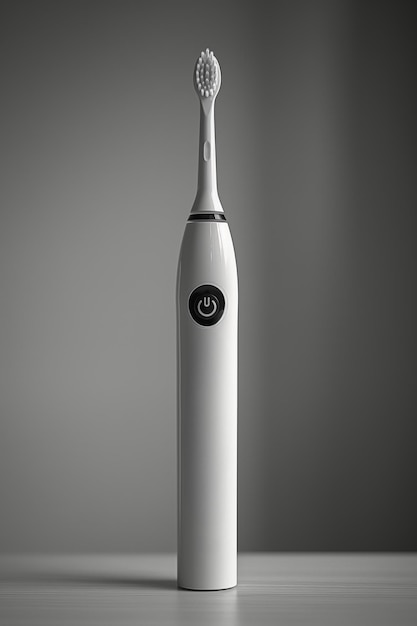 A minimalist electric toothbrush is highlighted against a grey backdrop dental hygiene