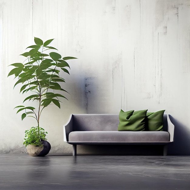 Minimalist elegant sofa or couch with plant and empty concrete wall background