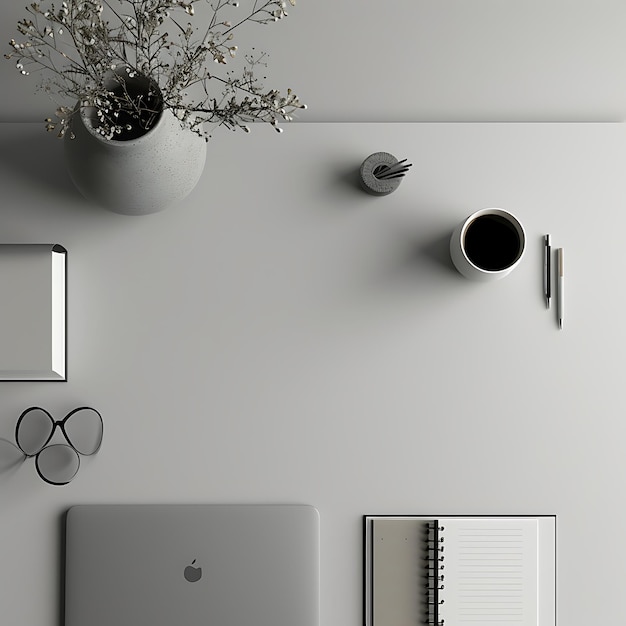 Photo minimalist empty desk in soft tones from above