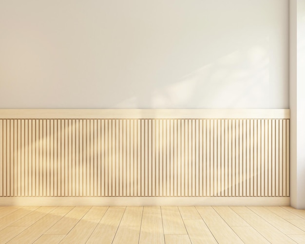 Minimalist empty room decorated with wood floor and wood slat wall 3d rendering