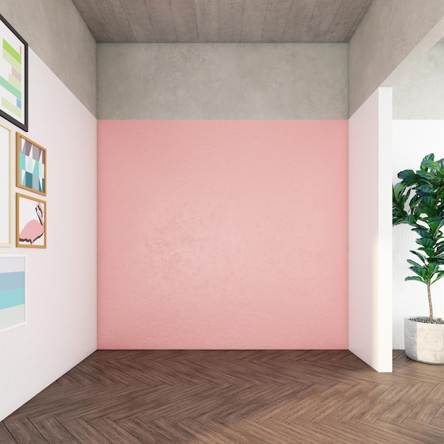 Minimalist empty room with pink pastel wall and wood floor3d rendering