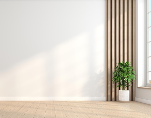 Minimalist empty room with white wall and wooden floor and indoor green plants 3d rendering