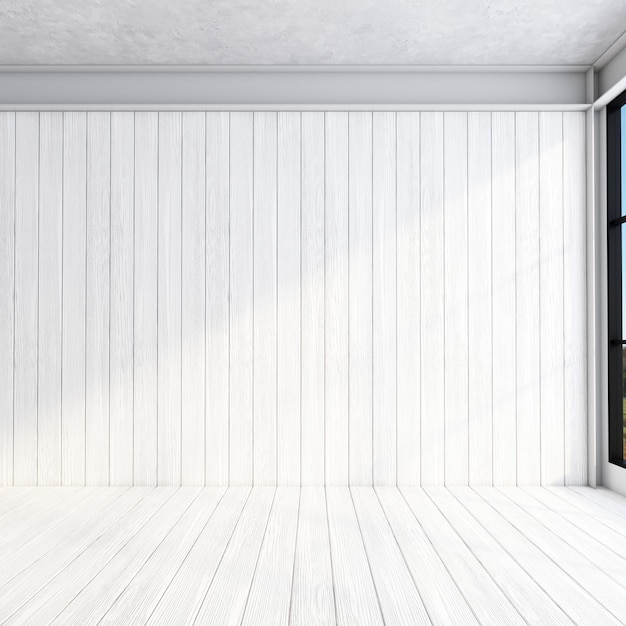 Minimalist empty room with white wood and wood floor 3d rendering