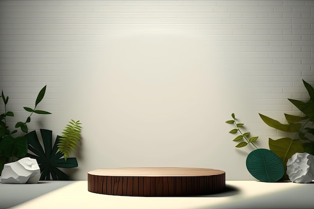 Minimalist empty round wooden podium product showcase display with tropical plants Generated AI