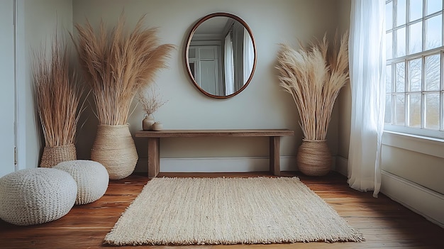 Minimalist entryway with a simple console table mirror and neutral decor