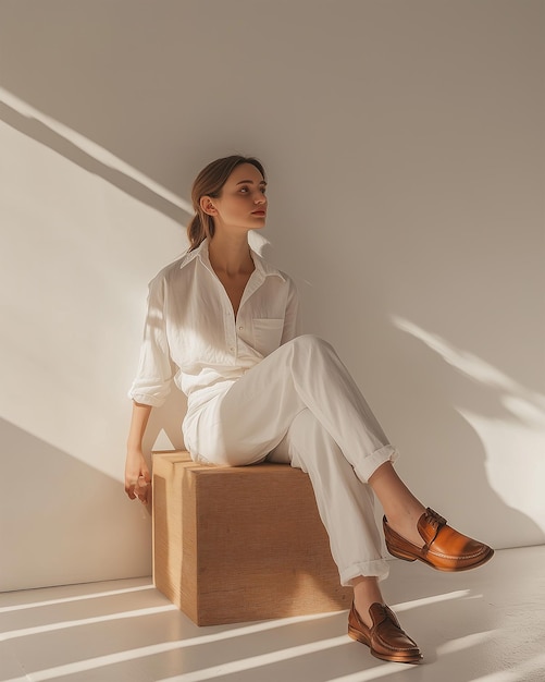 Photo minimalist fashion aesthetic woman in white denim exuding effortless style