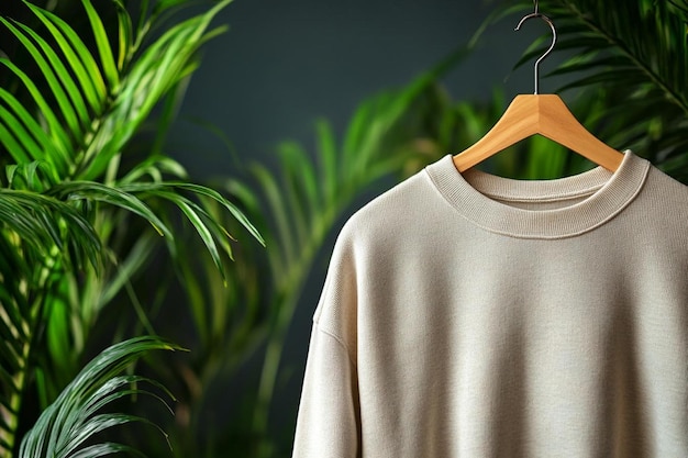 Photo minimalist fashion design white sweatshirt on wooden hanger with green plant background