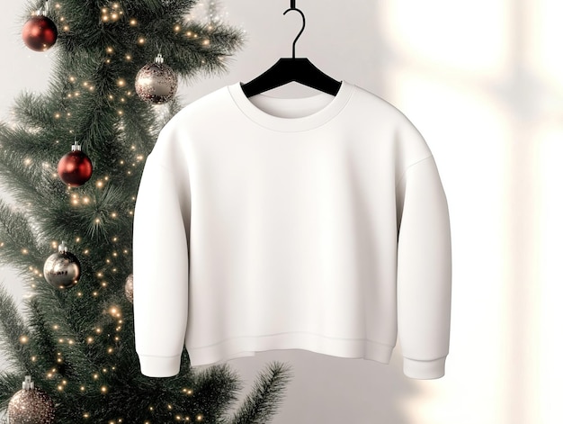 Photo minimalist fashion displayed with white sweater against christmas tree backdrop