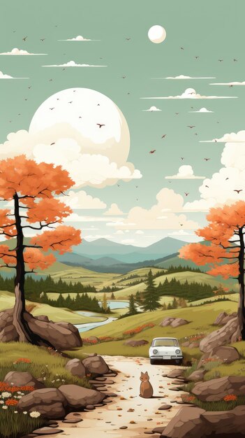 Minimalist fine art landscape cartoon illustration