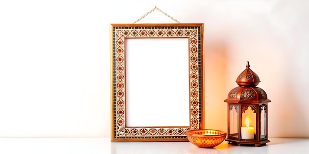 Minimalist Flat Abstract Lantern and Rangoli Border Frame Design with Ample Copy Space for Cultural