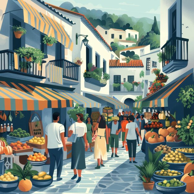 Photo minimalist flat illustration of bustling greek marketplace