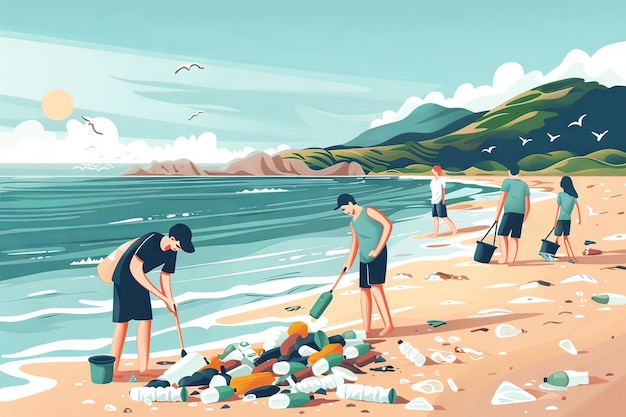 Minimalist Flat Illustration of Clean Beach with Volunteers for Marine Conservation